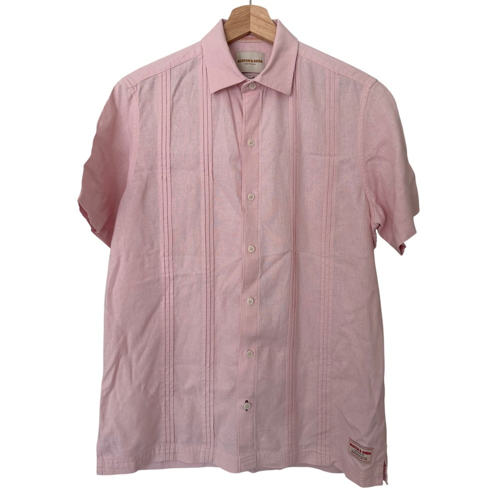 Scotch & Soda Pink Linen Blend Short Sleeve Pintuck Guayabera Shirt Womens S